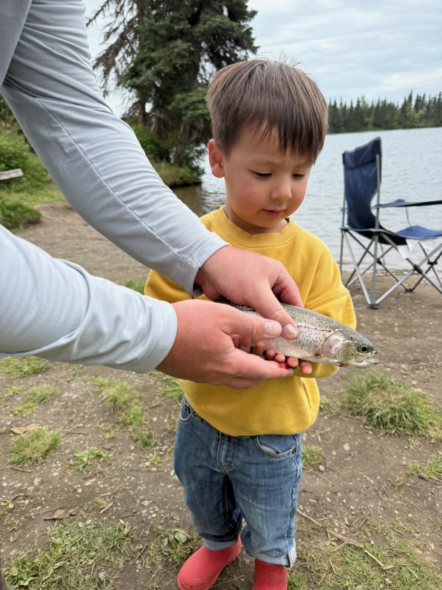 Dad's hands showing Juno the rainbow trout at the lake edge