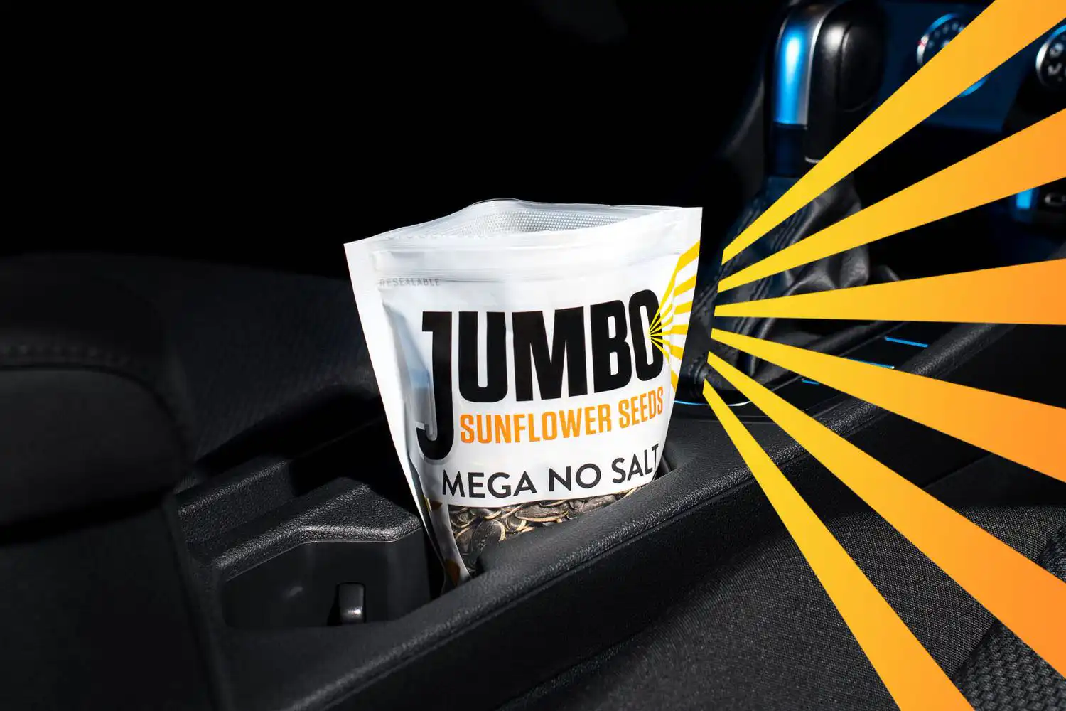 Jumbo Sunflower Seeds brand art — the bag and the rays